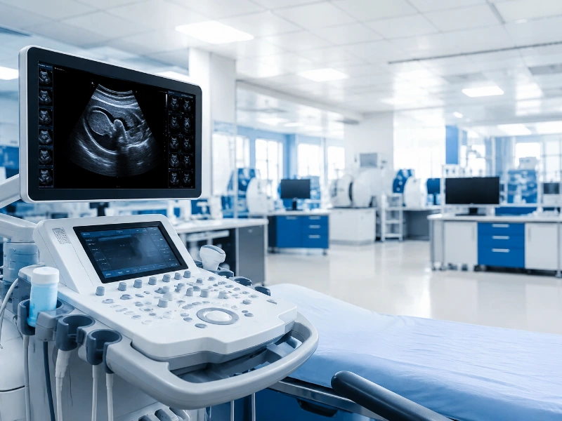 Advanced high-resolution pregnancy ultrasound machine performing a high-precision level 2 scan to map out fetal organ structures and congenital development metrics